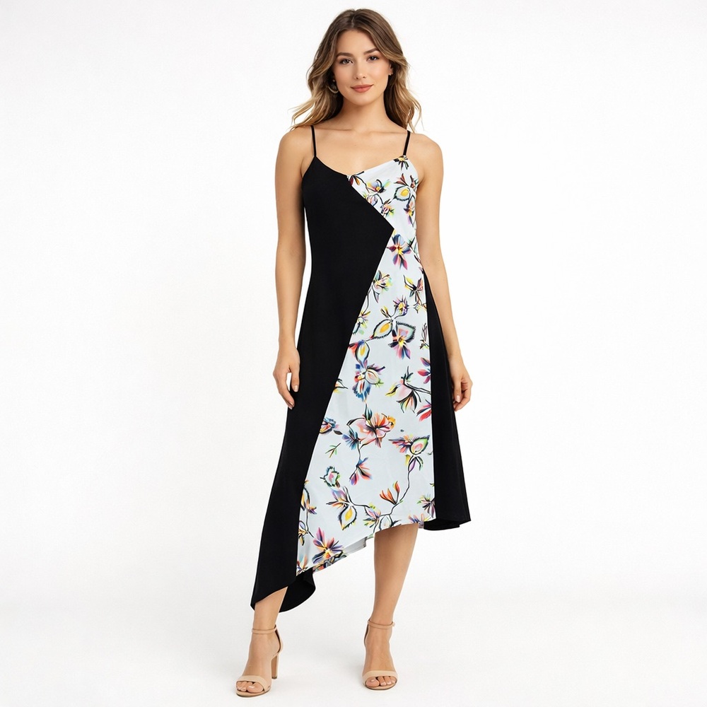 Bar III Prism Garden Asymmetrical Floral Colorblock Dress Small NWT